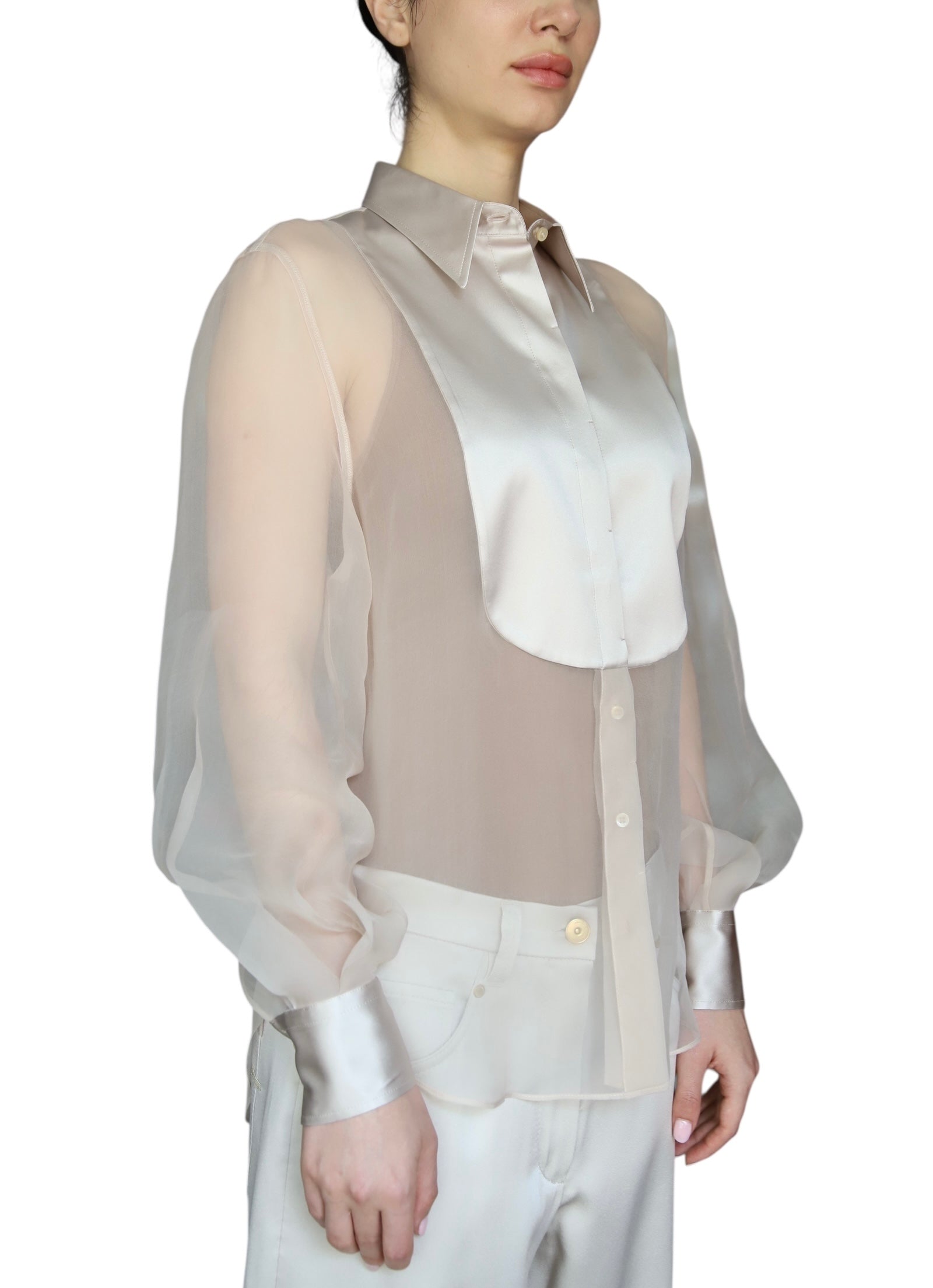 Brunello Cucinelli Beige Sheer Silk Tux Shirt - M