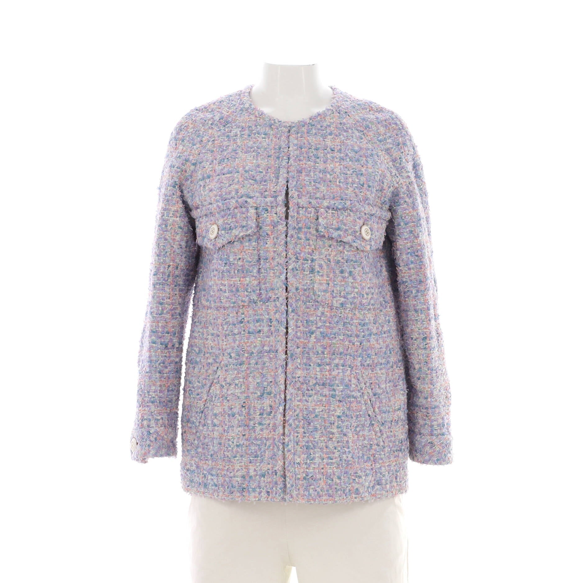 Women's Two Button Flap Pocket Collarless Jacket Tweed