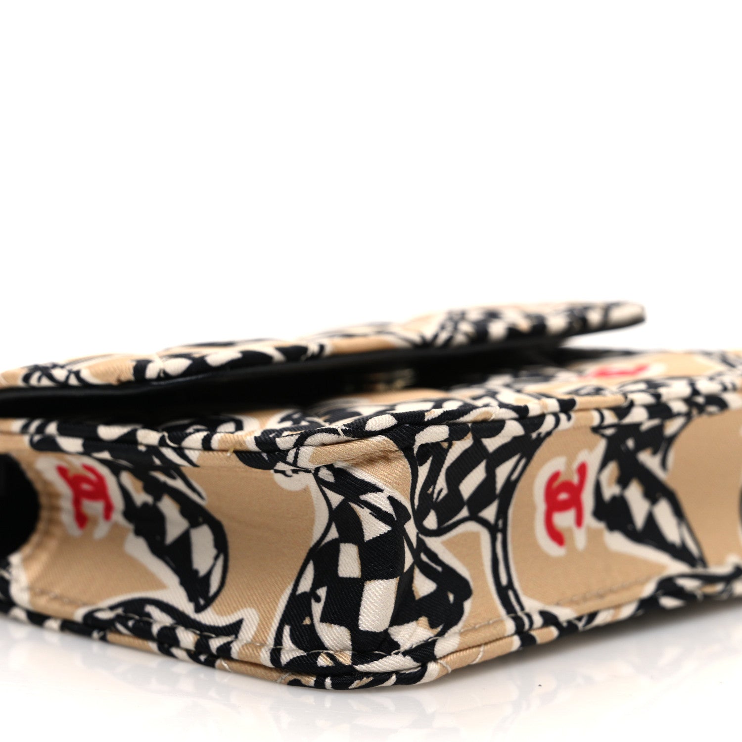 Canvas Check Flag Printed CC Clutch With Chain Beige Multicolor