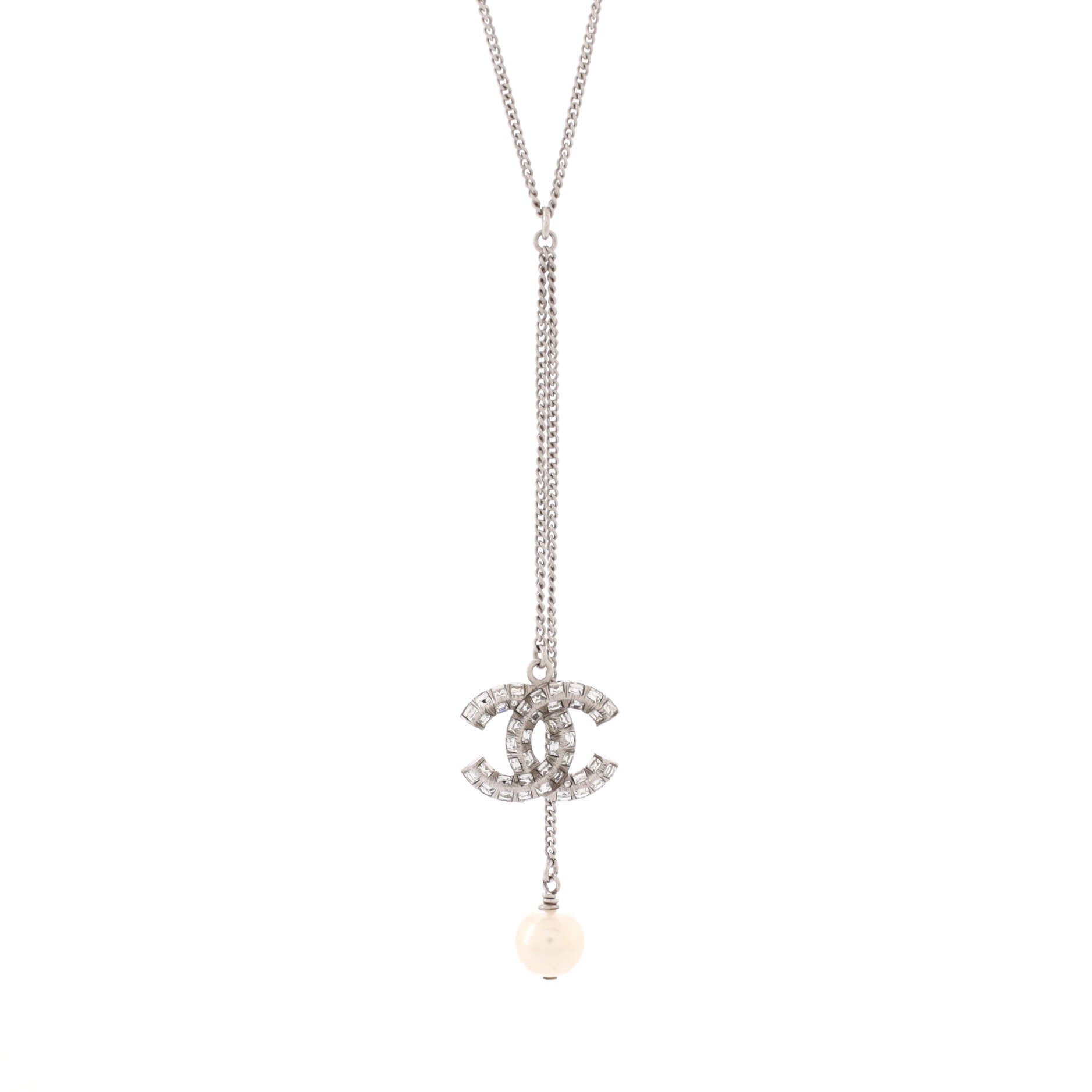 Baguette CC Pearl Lariat Necklace Crystal Embellished Metal