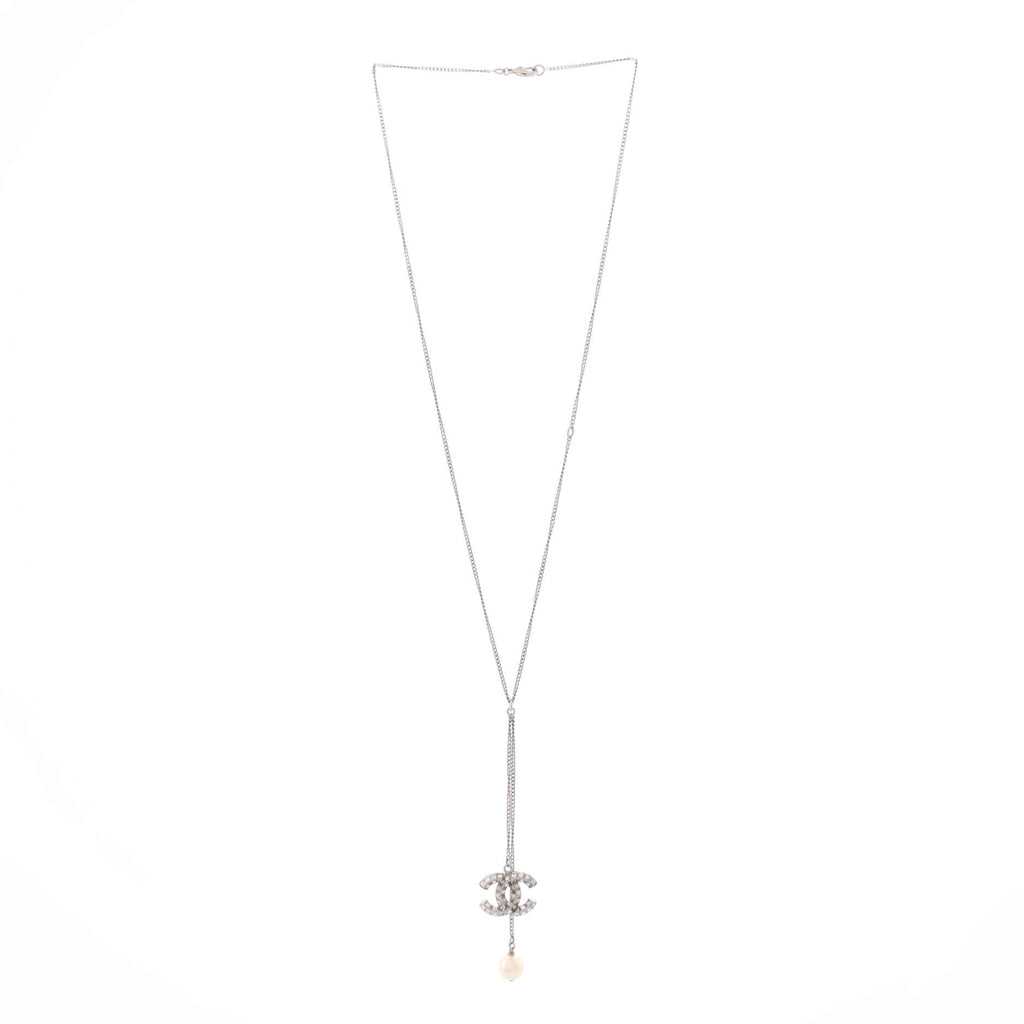 Baguette CC Pearl Lariat Necklace Crystal Embellished Metal