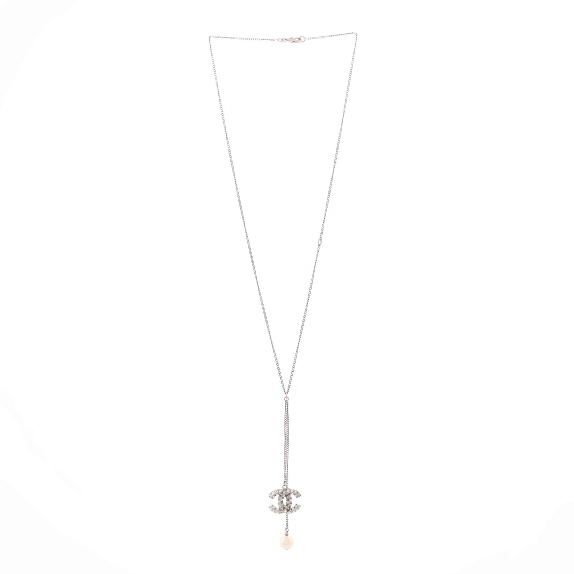 Baguette CC Pearl Lariat Necklace Crystal Embellished Metal