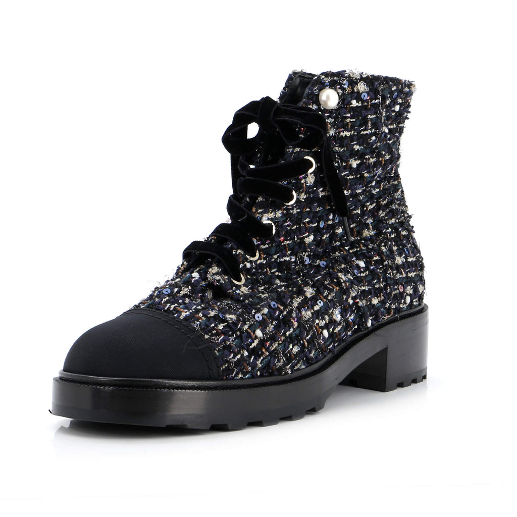Women's Pearl Cap Toe Lace Up Combat Boots Sequin Embellished Tweed