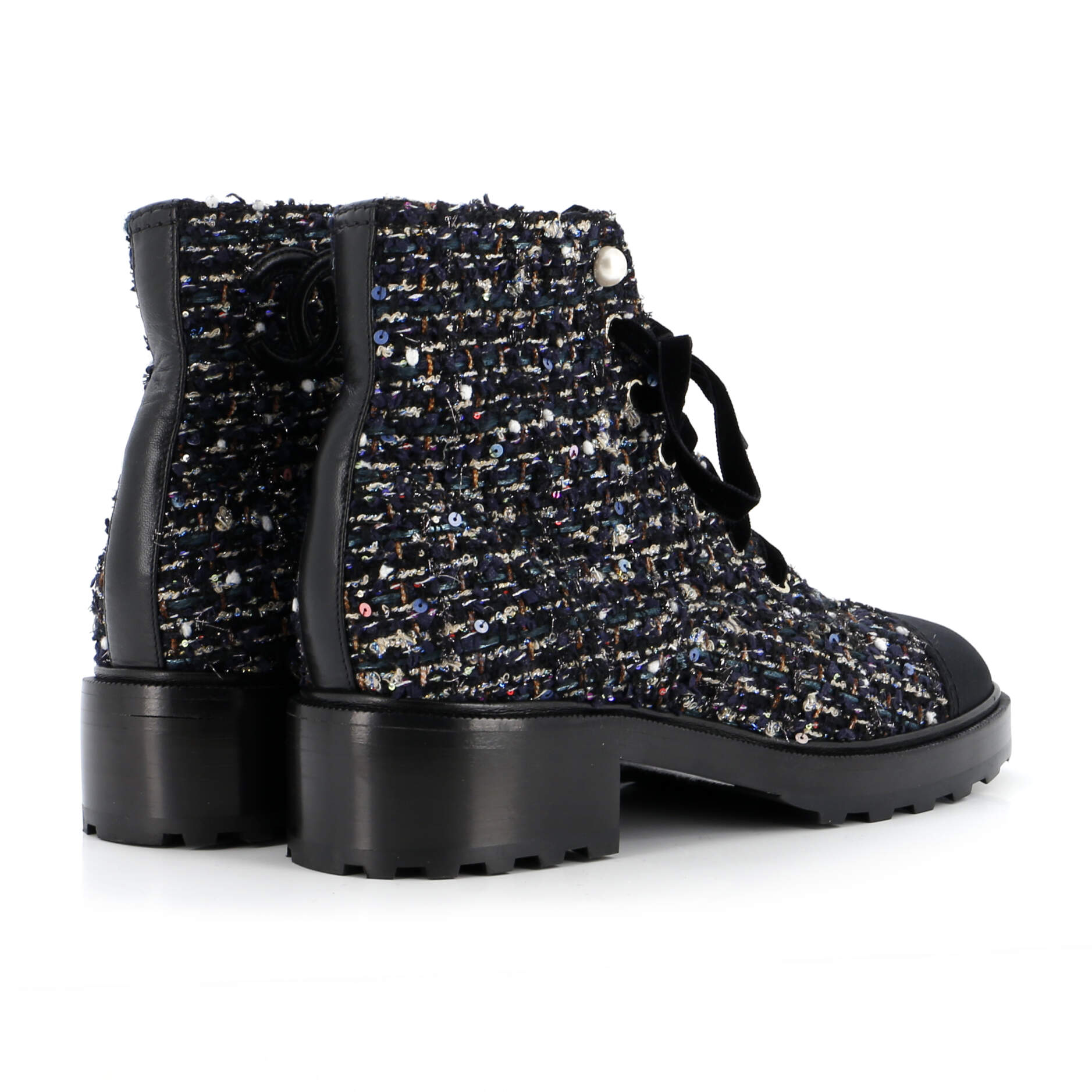 Women's Pearl Cap Toe Lace Up Combat Boots Sequin Embellished Tweed