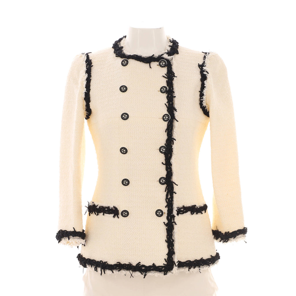 Women's Fringe Trim Double Breasted Collarless Jacket Tweed