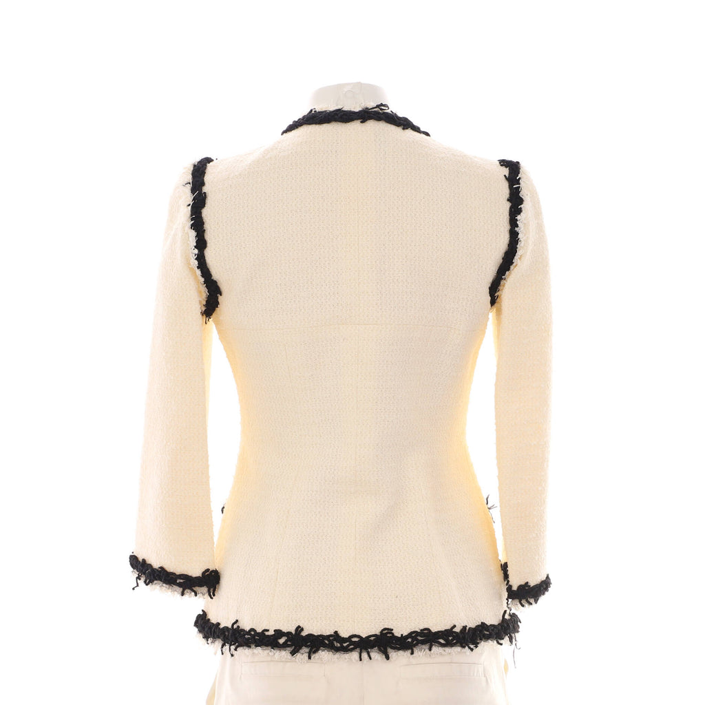 Women's Fringe Trim Double Breasted Collarless Jacket Tweed