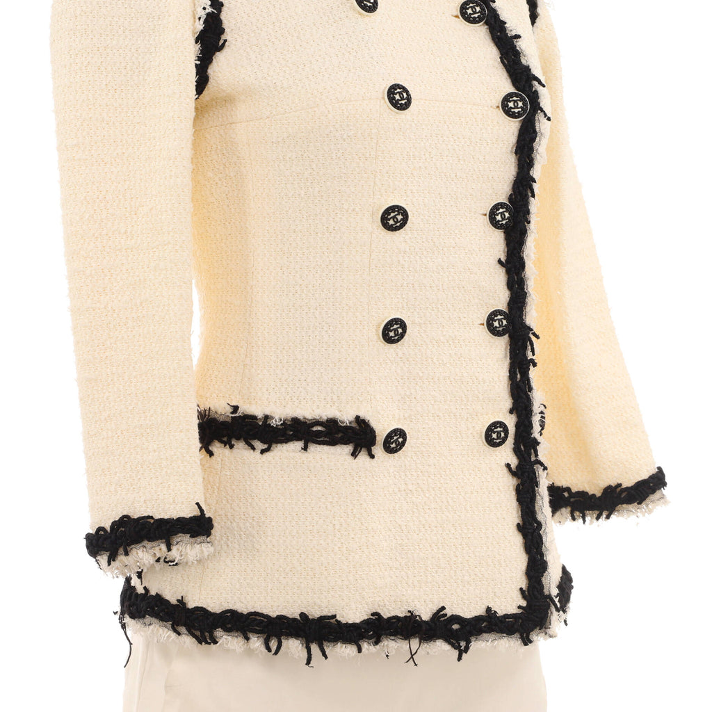 Women's Fringe Trim Double Breasted Collarless Jacket Tweed