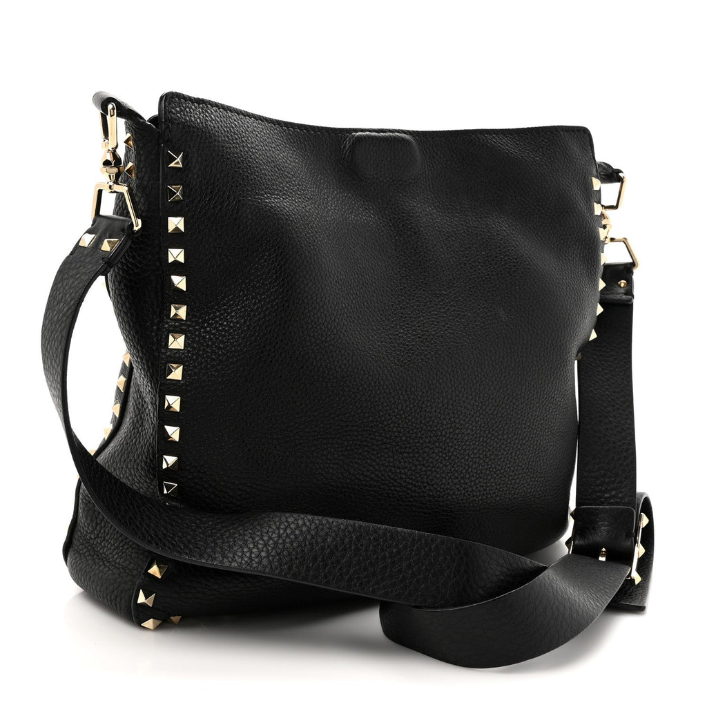 Pebbled Calfskin Small Rockstud Flip-Lock Messenger Bag Black