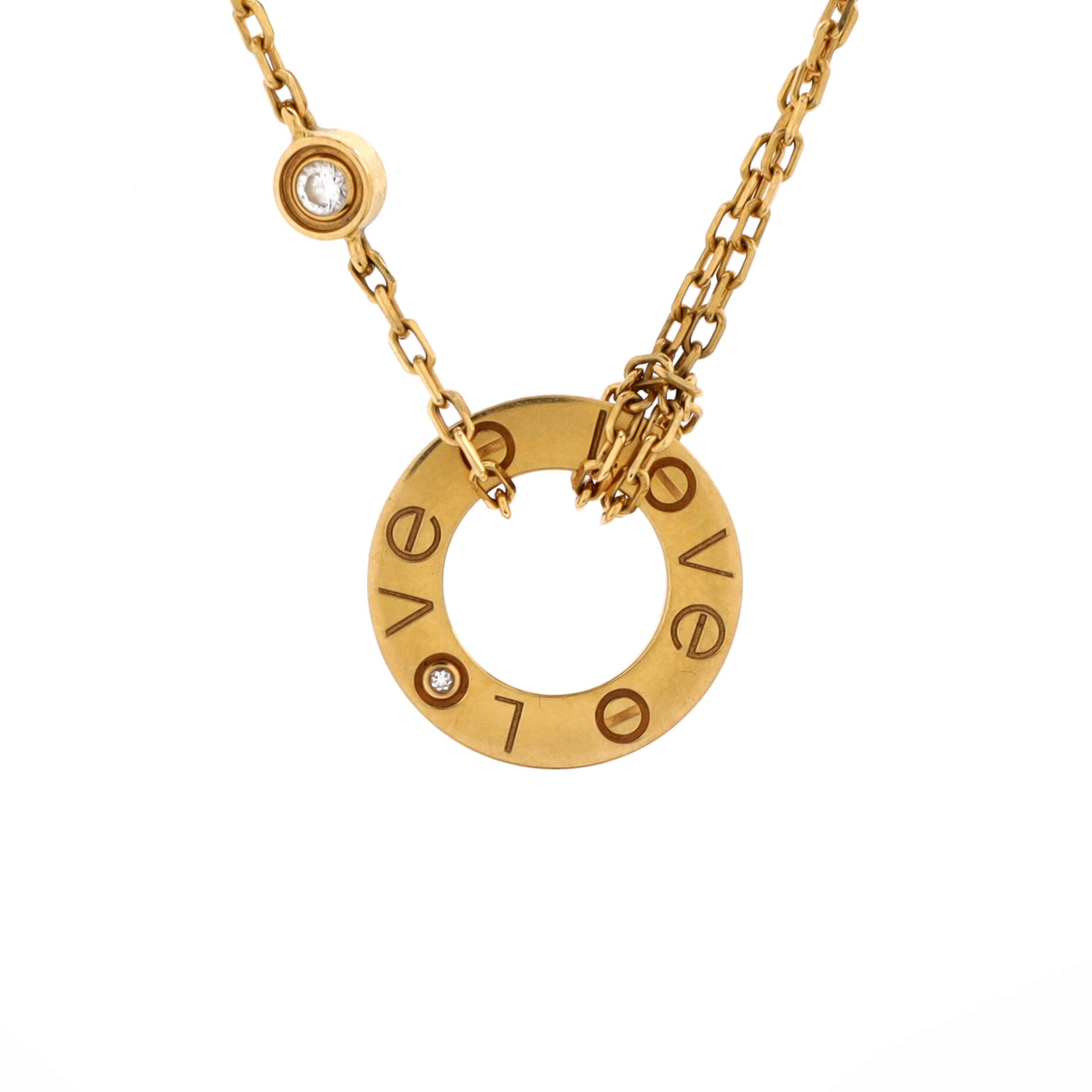 2 Diamonds Love Pendant Necklace 18K Yellow Gold and Diamonds