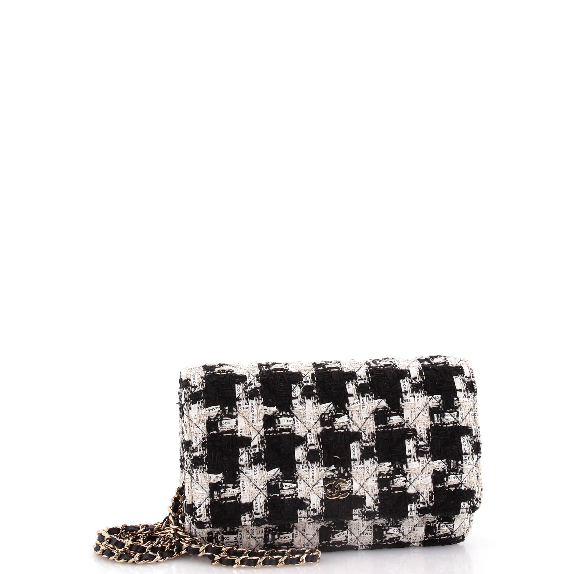 Wallet on Chain Quilted Houndstooth Tweed and Ribbon