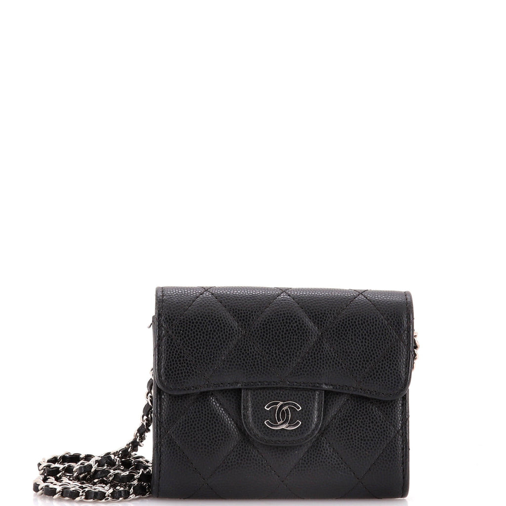 Classic Flap Card Holder on Chain Quilted Caviar Mini