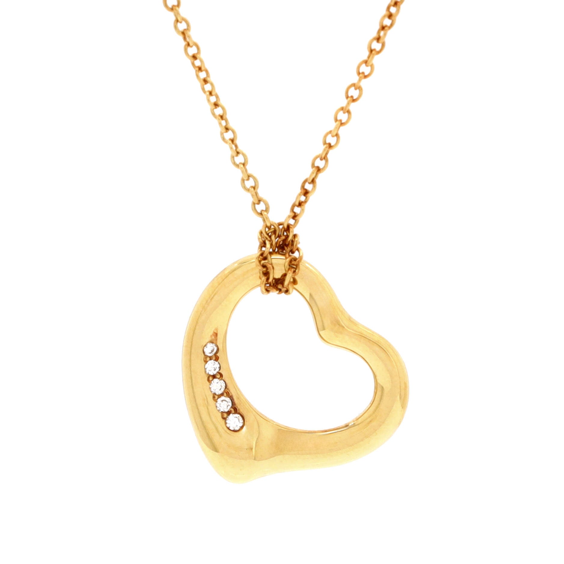 Elsa Peretti Open Heart 5 Diamonds Pendant Necklace 18K Yellow Gold and Diamonds