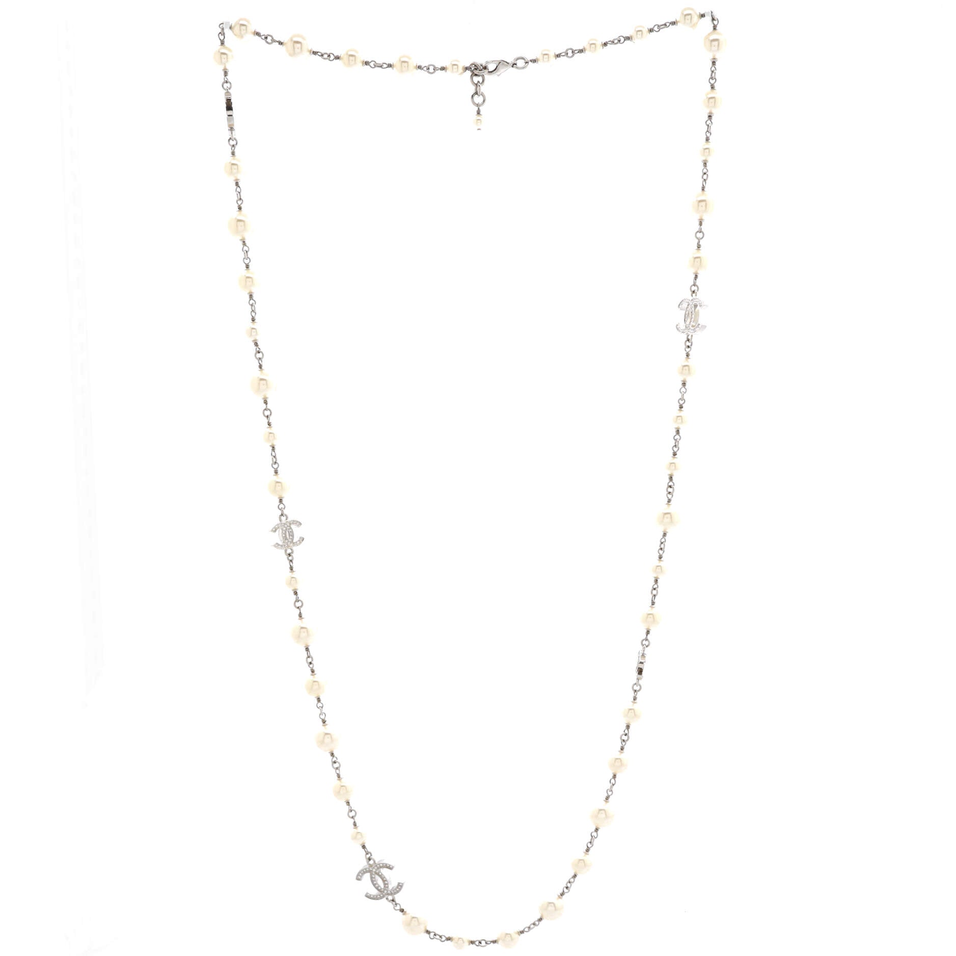 CC Station Long Necklace Metal with Faux Pearls and Crystals