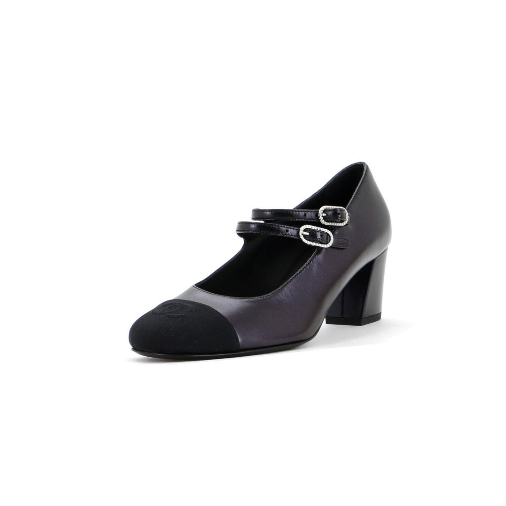 Women's CC Cap Toe Double Strap Mary Jane Pumps Leather with Grosgrain