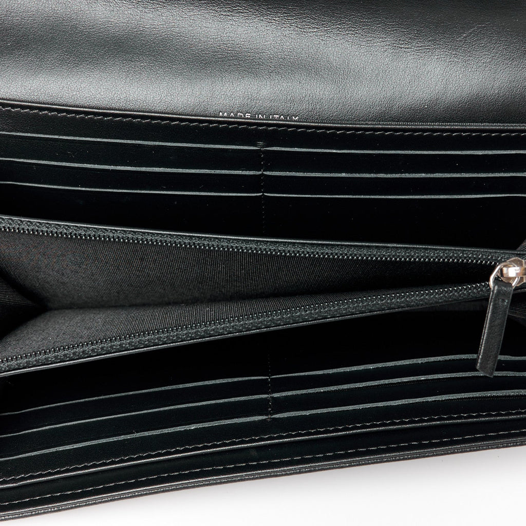 Lambskin Embossed Camellia Large Gusset Flap Wallet Black