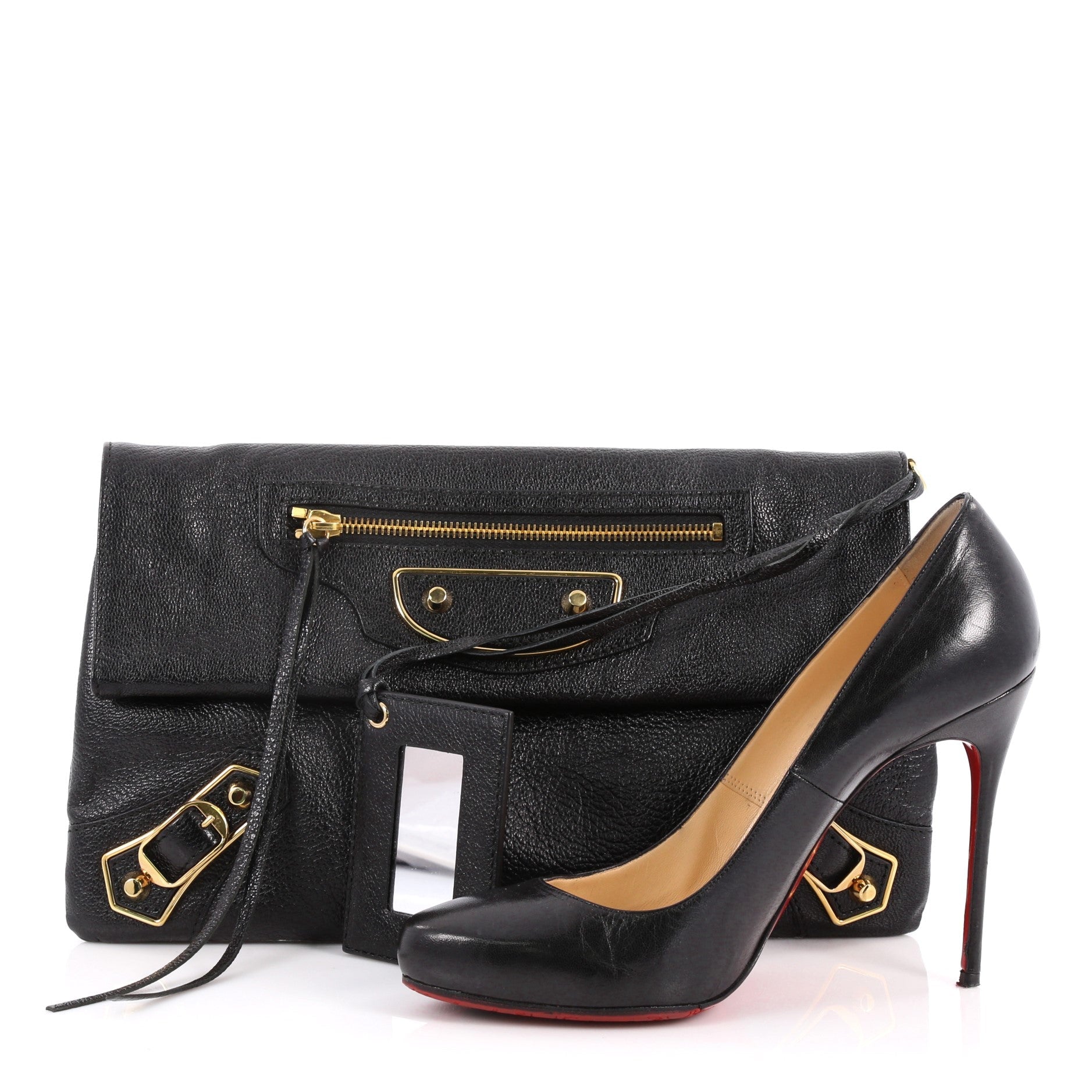 Envelope Strap Classic Studs Metallic Edge Clutch Leather