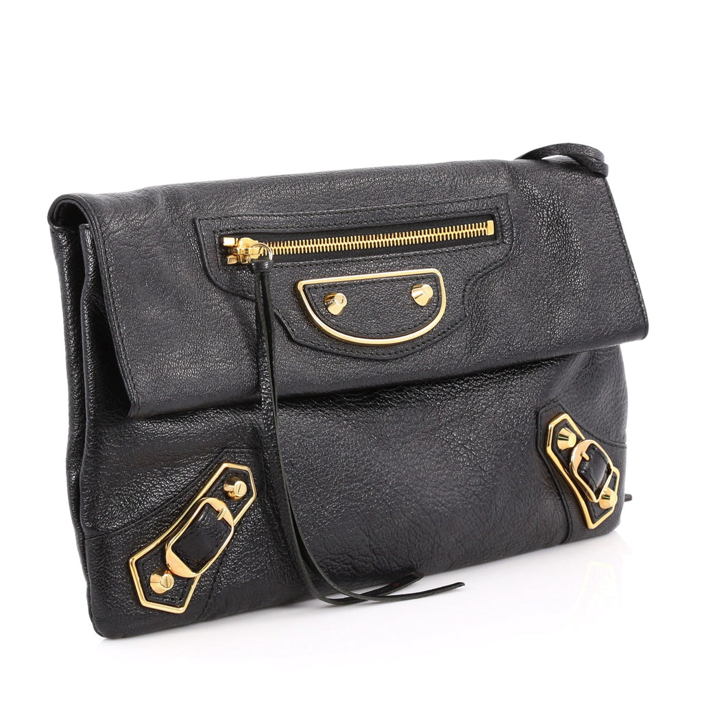 Envelope Strap Classic Studs Metallic Edge Clutch Leather