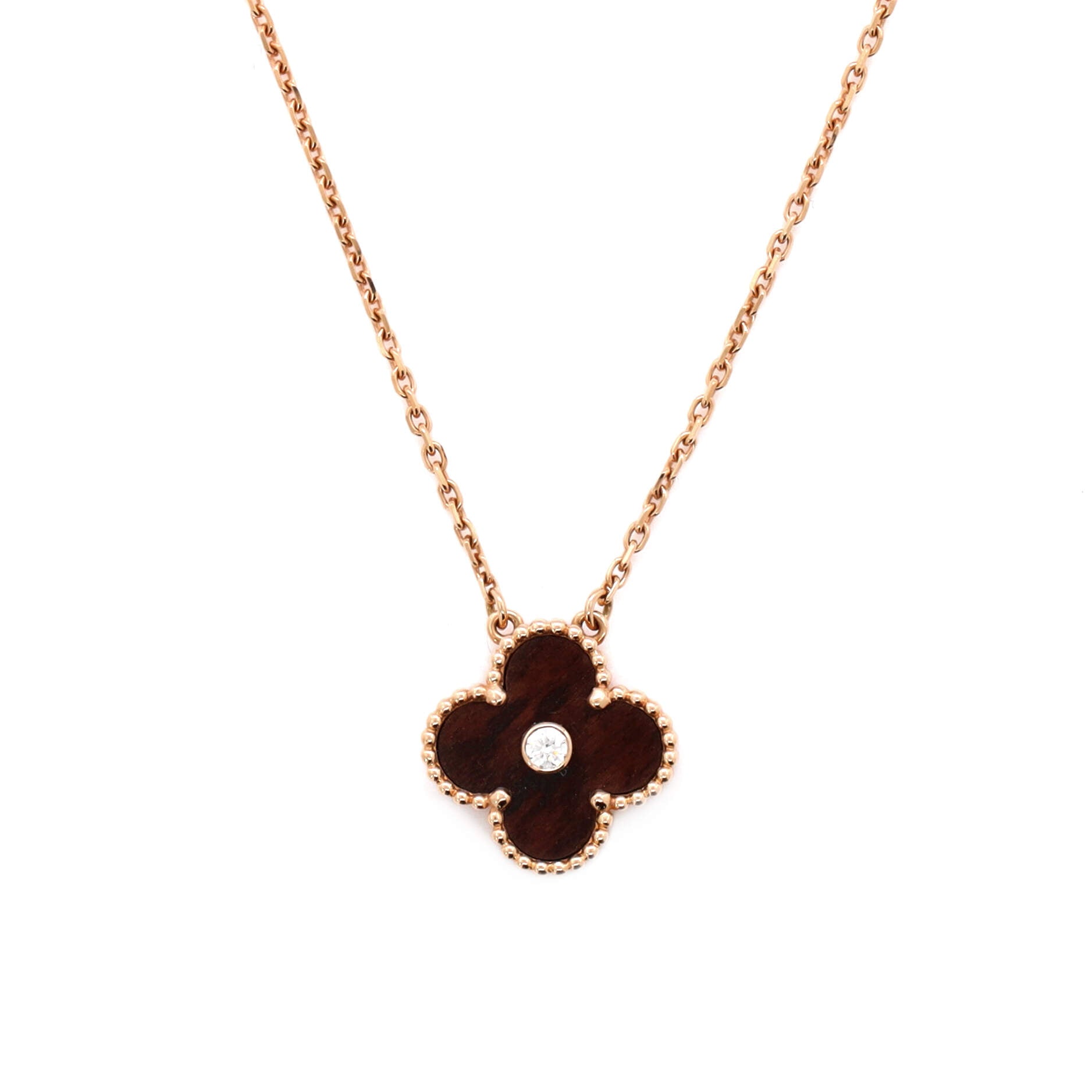 Vintage Alhambra Pendant Necklace 18K Rose Gold and Letterwood with Diamond