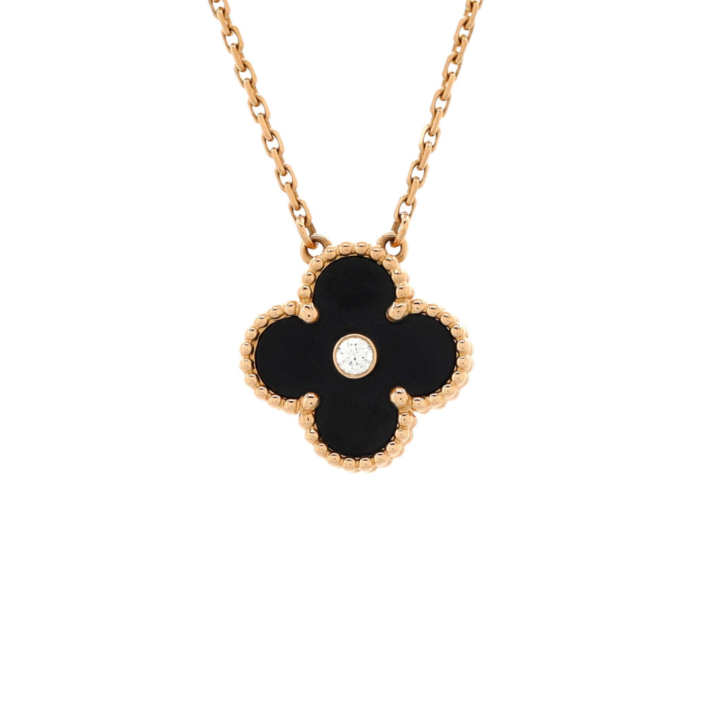 Vintage Alhambra Pendant Necklace 18K Rose Gold and Onyx with Diamond