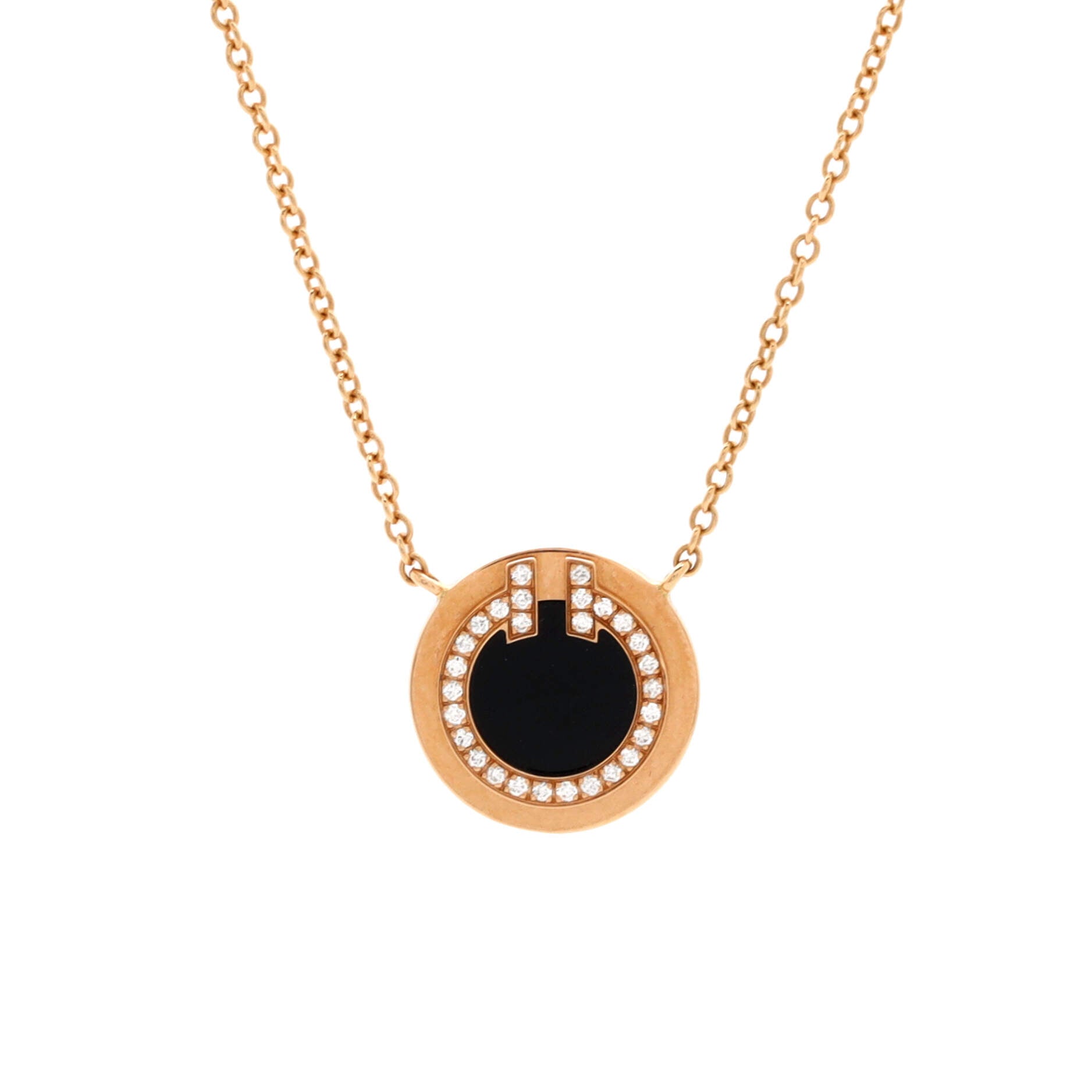 T Circle Pendant Necklace 18K Rose Gold with Onyx and Diamonds Small