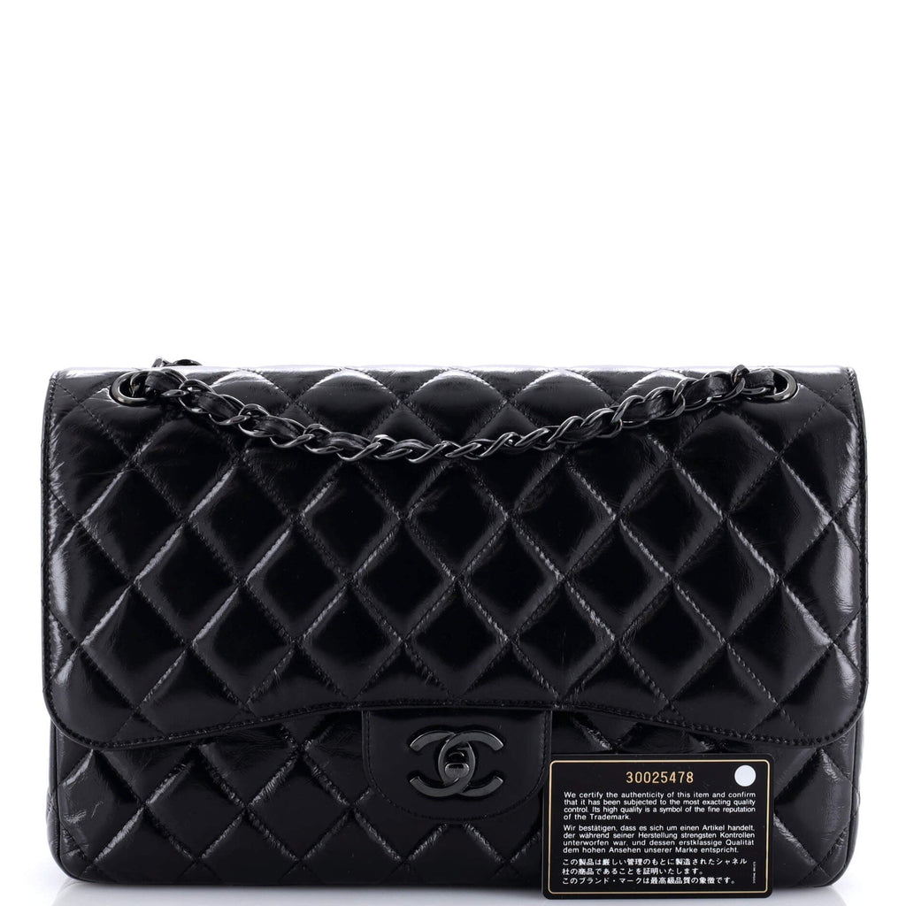 So Black Classic Double Flap Bag Quilted Shiny Crumpled Calfskin Jumbo