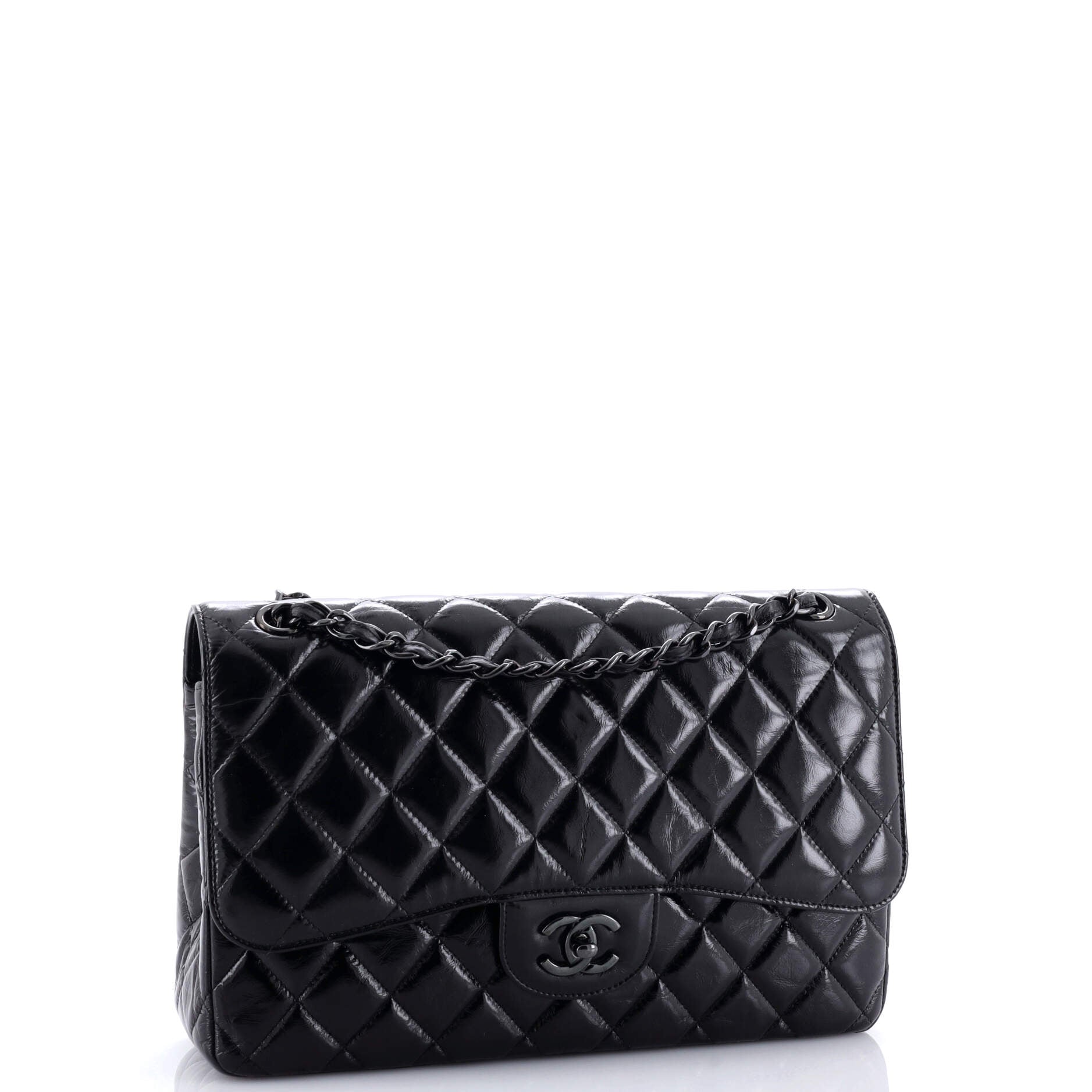 So Black Classic Double Flap Bag Quilted Shiny Crumpled Calfskin Jumbo