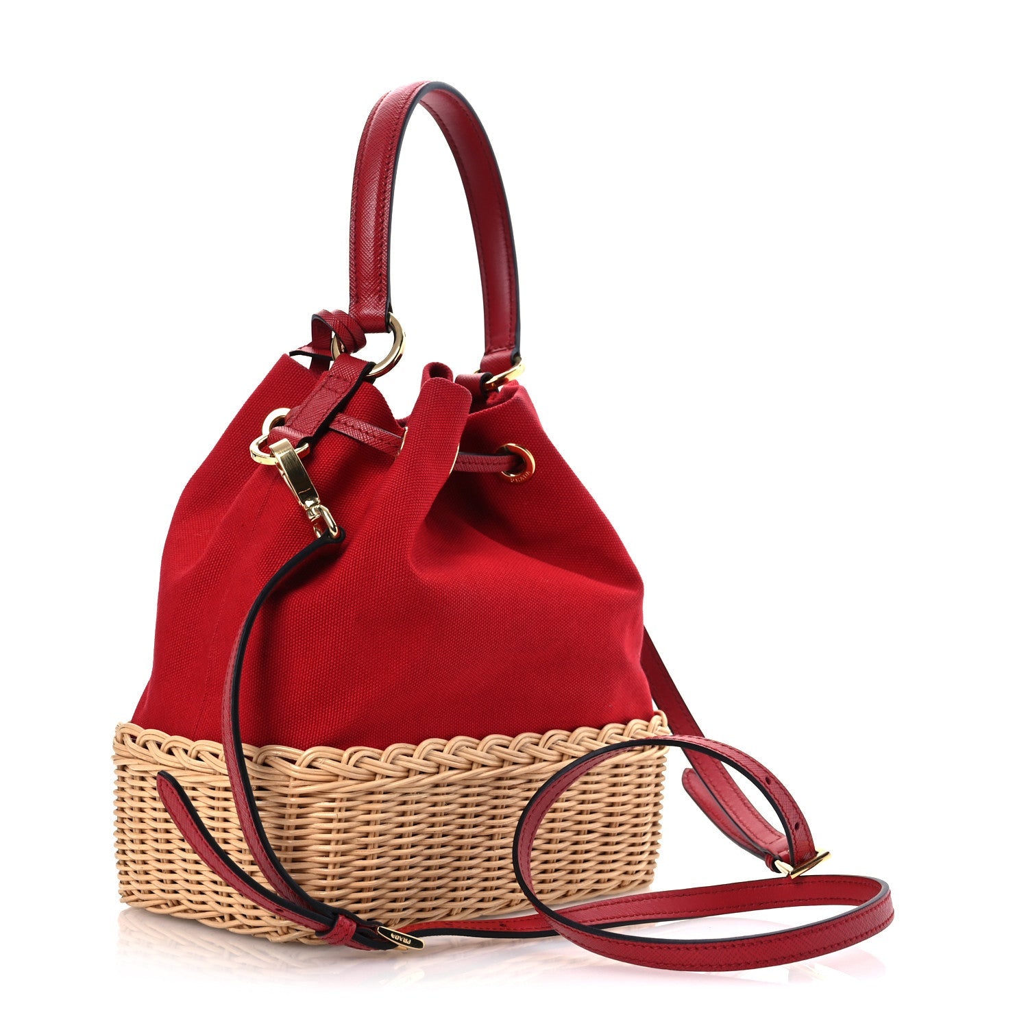 Wicker Canvas Saffiano Bucket Bag Naturale Rosso
