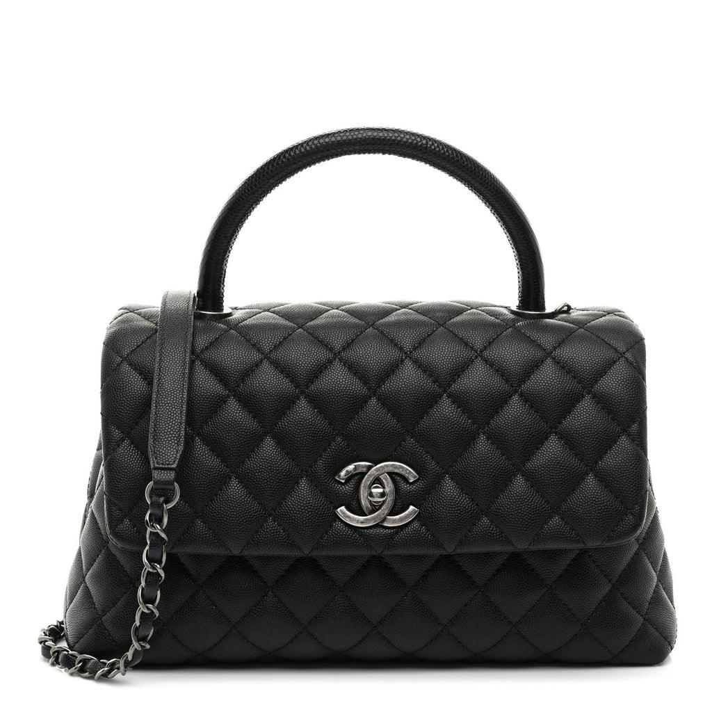 Caviar Lizard Embossed Quilted Small Coco Handle Flap Black