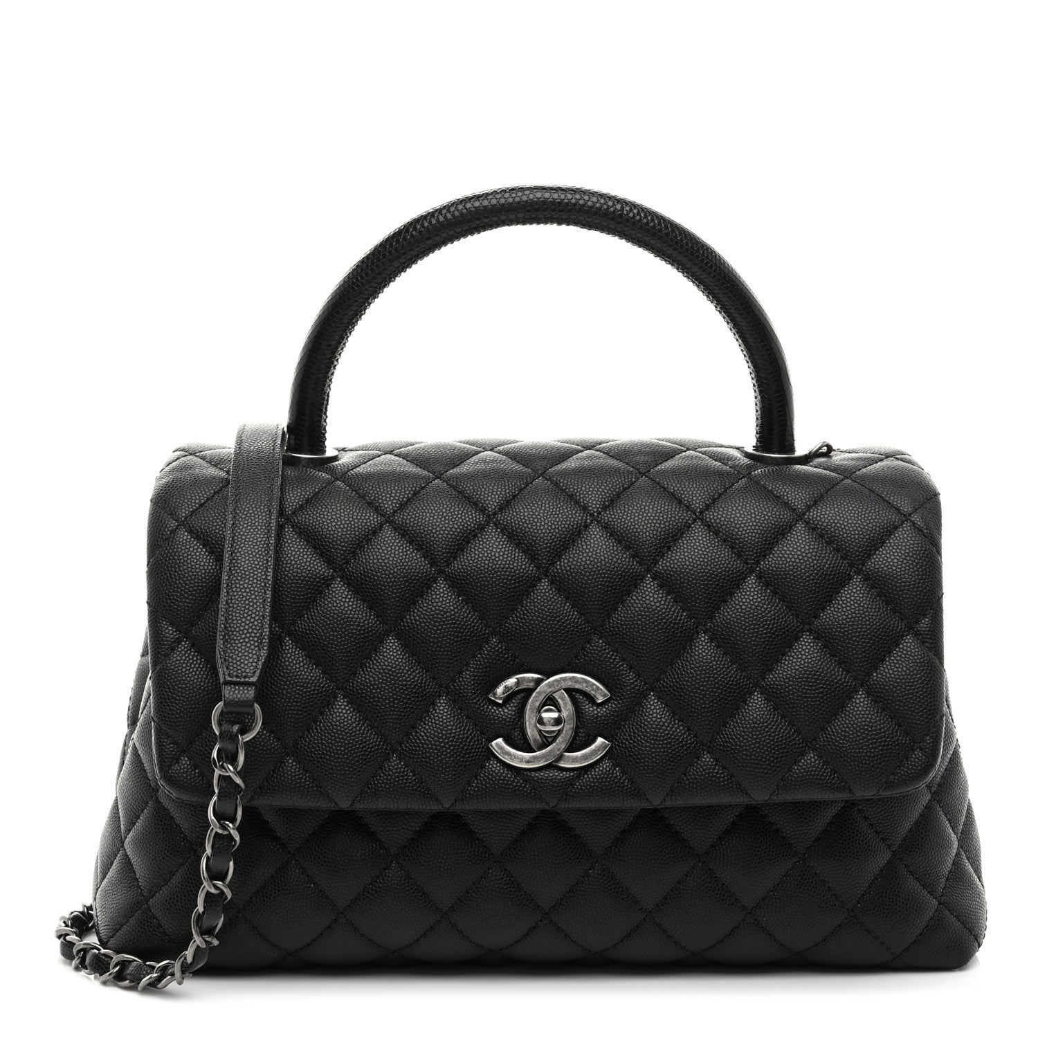 Caviar Lizard Embossed Quilted Small Coco Handle Flap Black