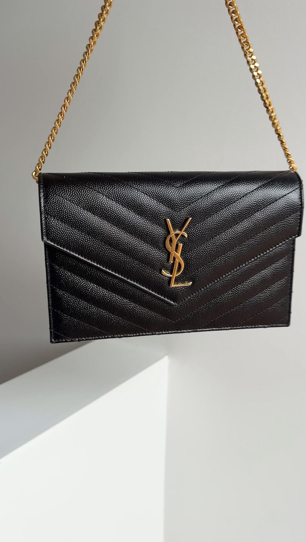 Saint Laurent Black Grain de Poudre Cassandre Wallet on Chain Bag