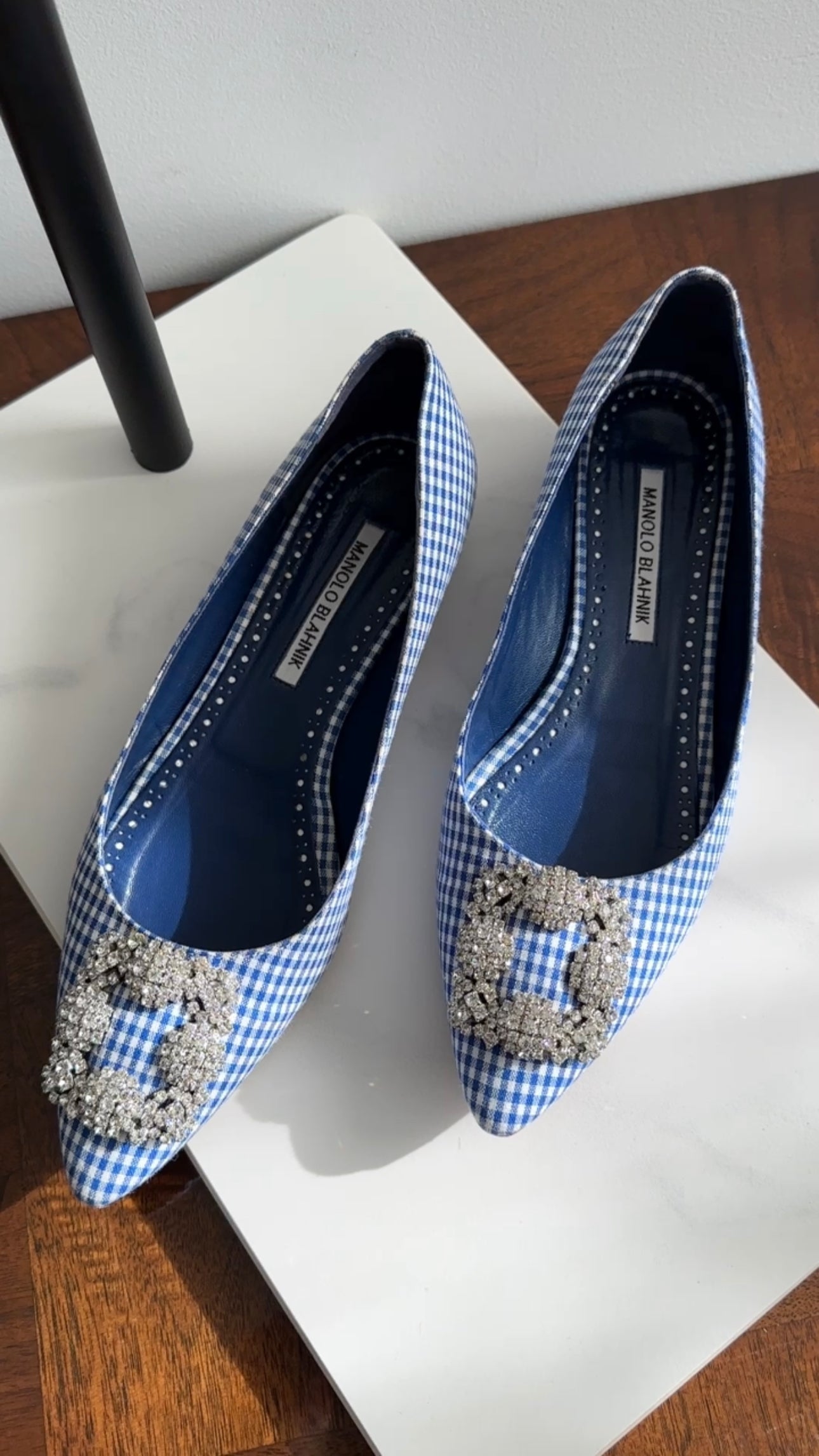 Manolo Blahnik Blue Gingham Hangisi Crystal Flat Shoes - 38.5