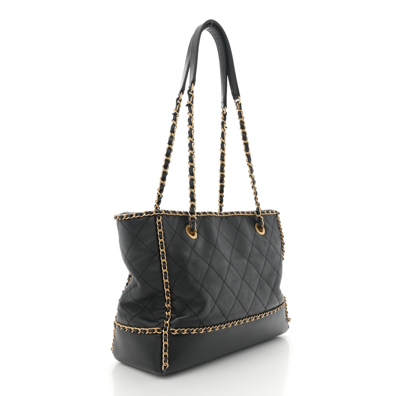 Calfskin Quilted Chain Lines Shopping Tote Black