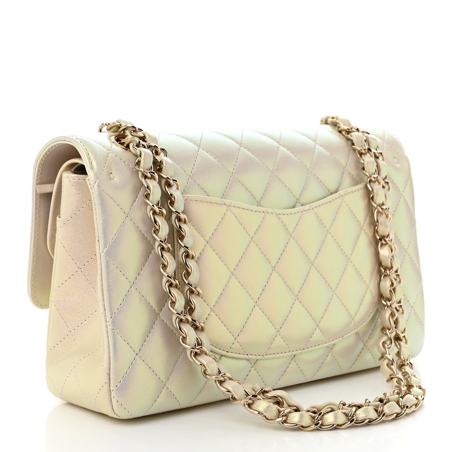 Iridescent Lambskin Quilted Medium Double Flap Ivory