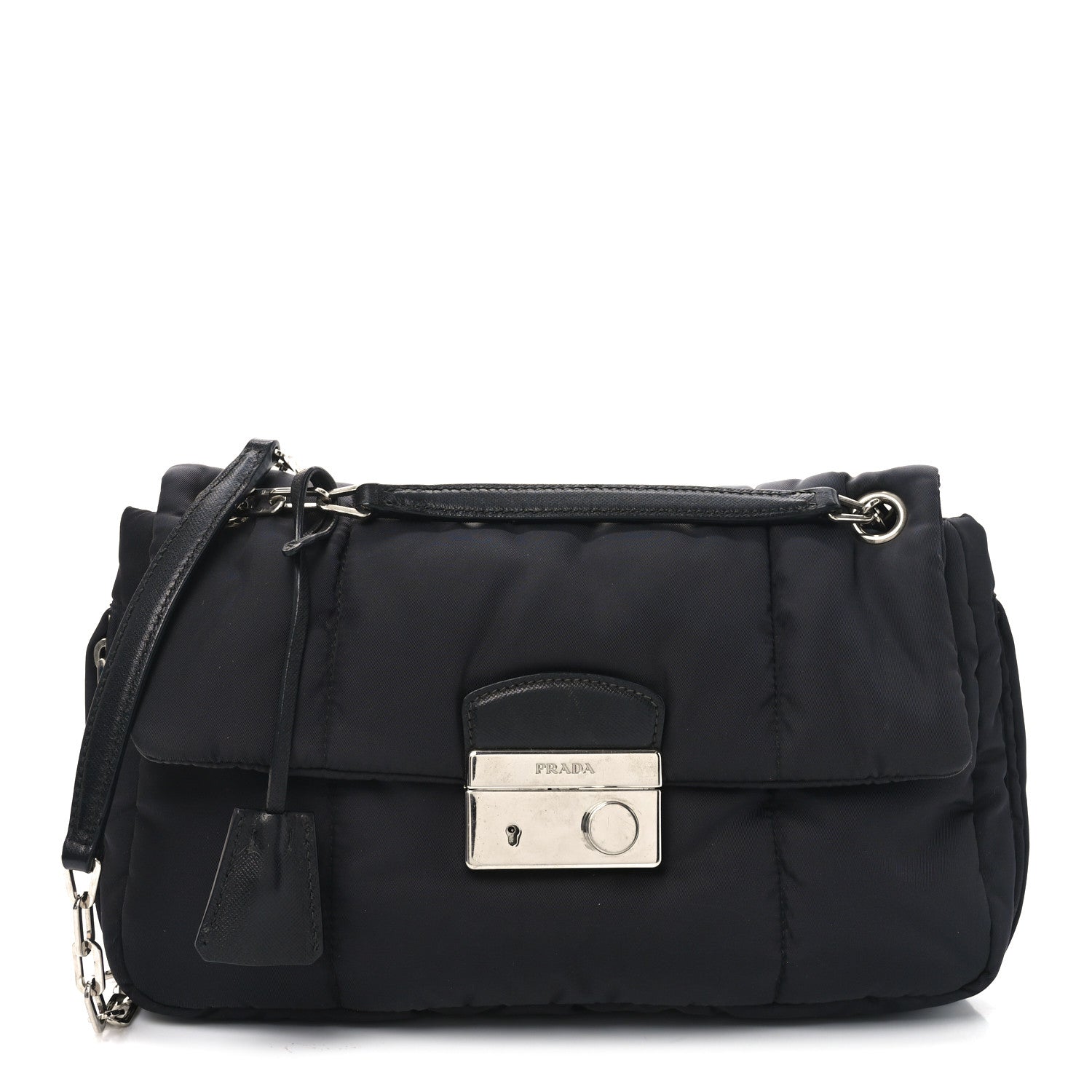 Tessuto Nylon Bomber Sound Chain Flap Shoulder Bag Black