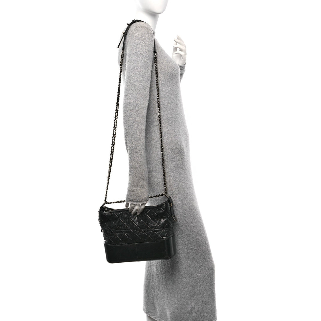 Aged Smooth Calfskin Quilted Medium Gabrielle Logo Hobo Black
