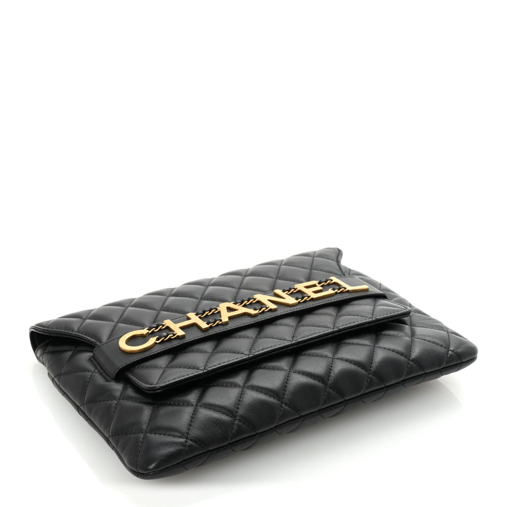 Calfskin Quilted Front Logo Enchained Black