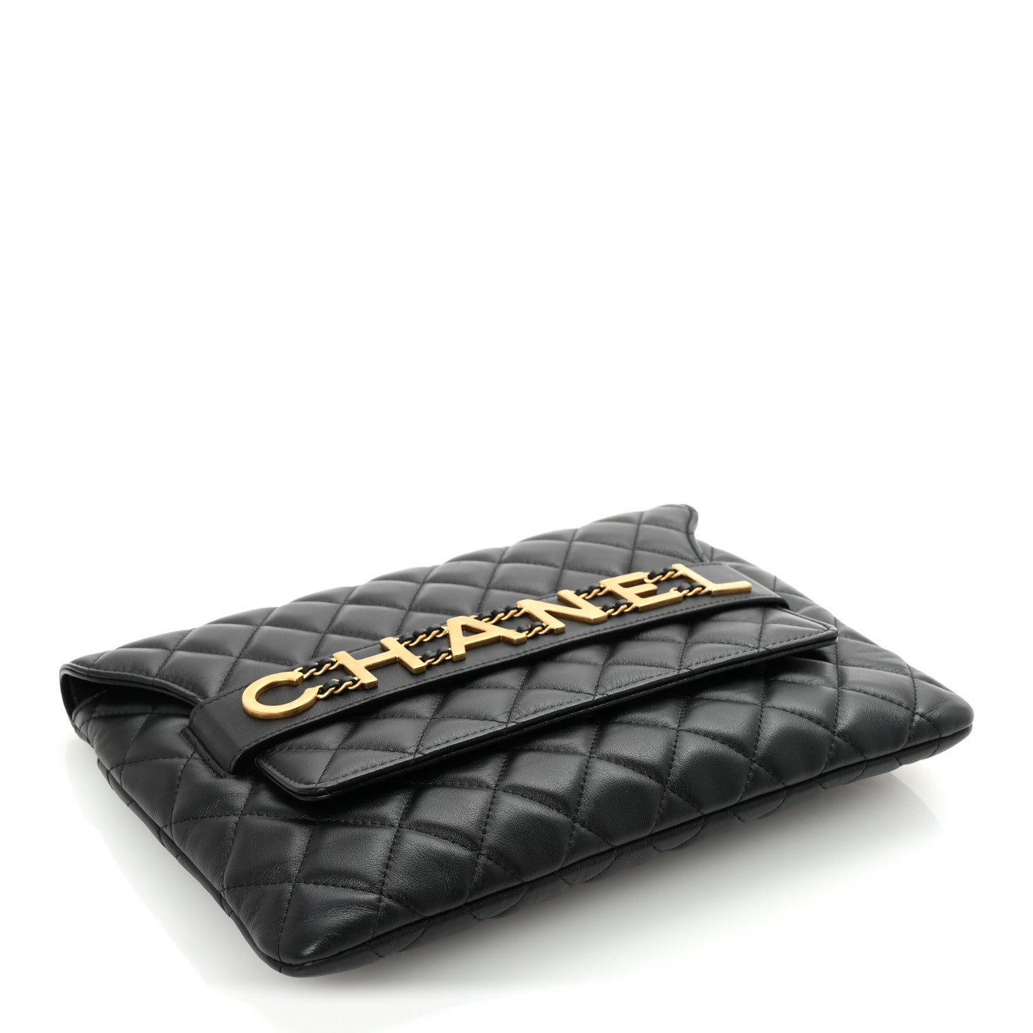 Calfskin Quilted Front Logo Enchained Black