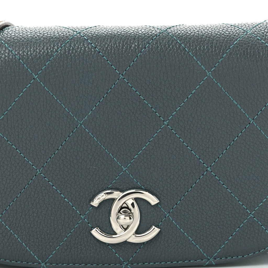 Grained Calfskin Stitched Small Messenger Flap Bag Teal