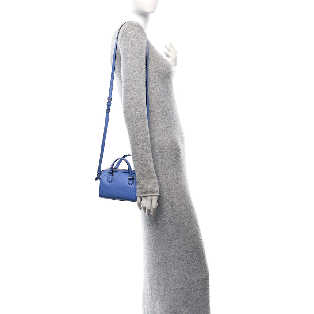 Calfskin Jumbo GG Embossed Super Mini Top Handle Bowler Bag Blue