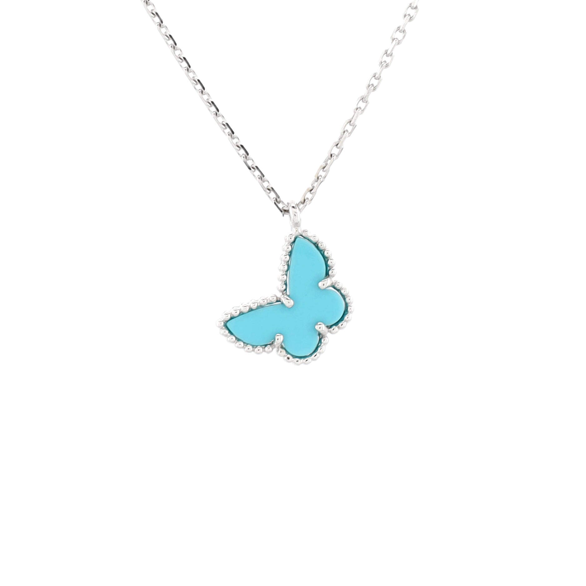 Sweet Alhambra Butterfly Pendant Necklace 18K White Gold with Turquoise