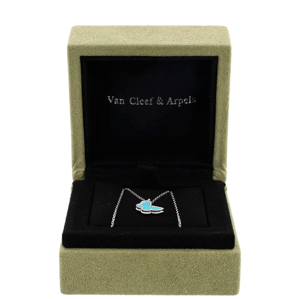 Sweet Alhambra Butterfly Pendant Necklace 18K White Gold with Turquoise