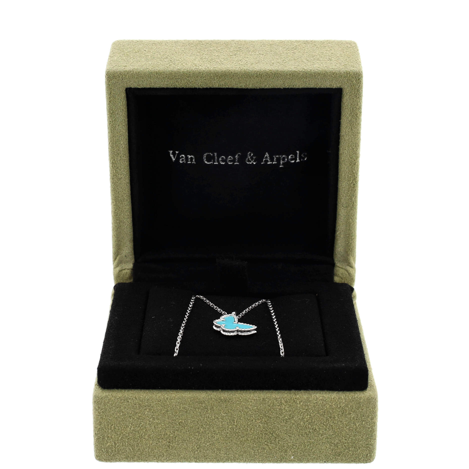 Sweet Alhambra Butterfly Pendant Necklace 18K White Gold with Turquoise