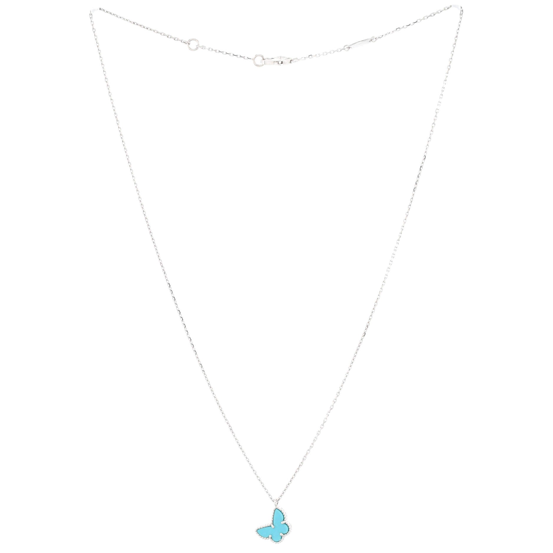 Sweet Alhambra Butterfly Pendant Necklace 18K White Gold with Turquoise