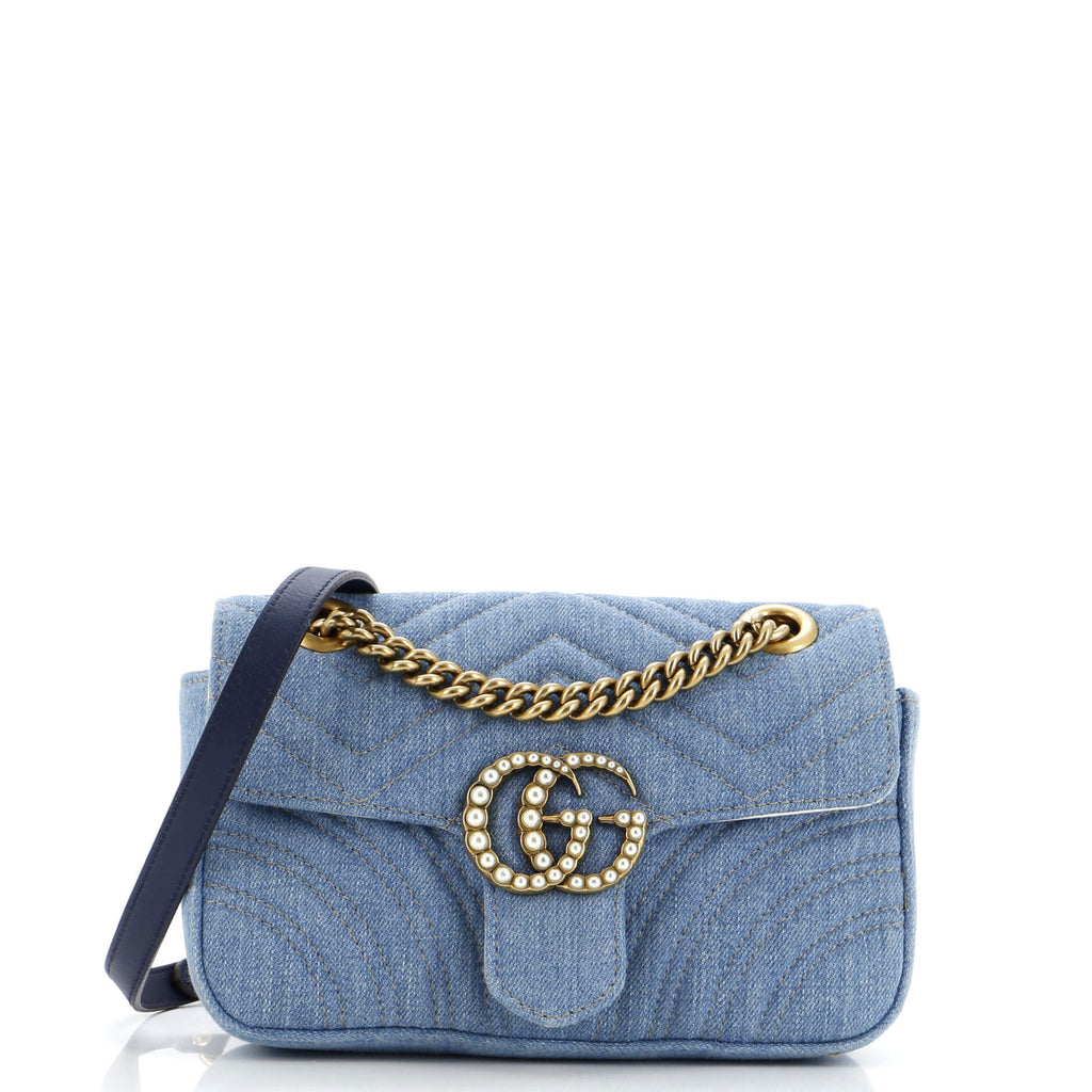 Pearly GG Marmont Flap Bag Matelasse Denim Mini