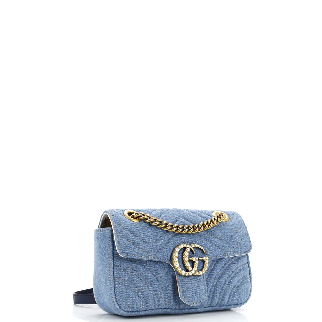 Pearly GG Marmont Flap Bag Matelasse Denim Mini