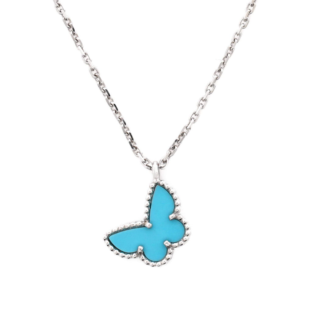Sweet Alhambra Butterfly Pendant Necklace 18K White Gold with Turquoise
