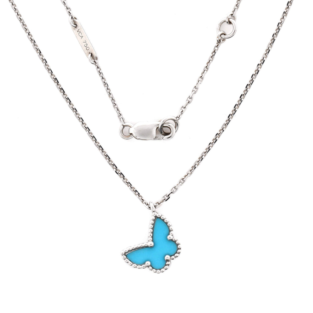 Sweet Alhambra Butterfly Pendant Necklace 18K White Gold with Turquoise
