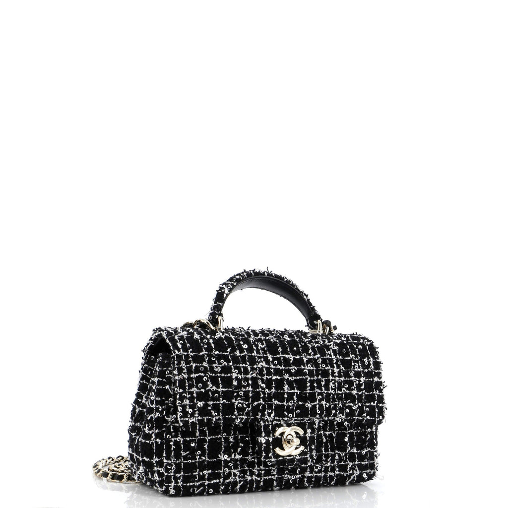 Classic Single Flap Top Handle Bag Quilted Tweed with Sequins Mini
