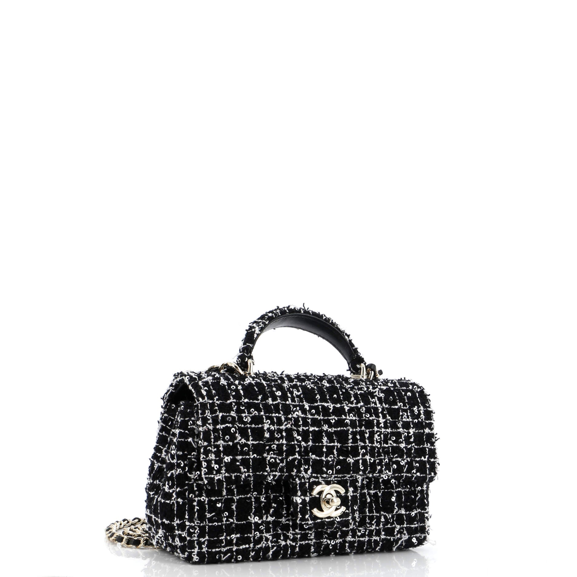 Classic Single Flap Top Handle Bag Quilted Tweed with Sequins Mini