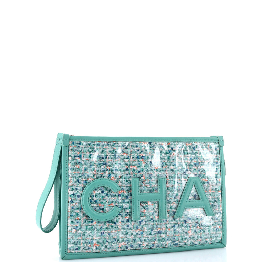 Logo Wristlet Clutch PVC Over Quilted Tweed Large